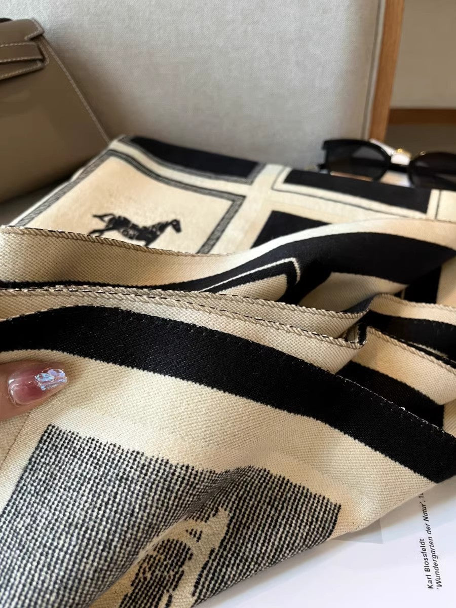Black & Cream Equestrian Horse Print Woven Blanket Scarf Shawl Wrap Stole