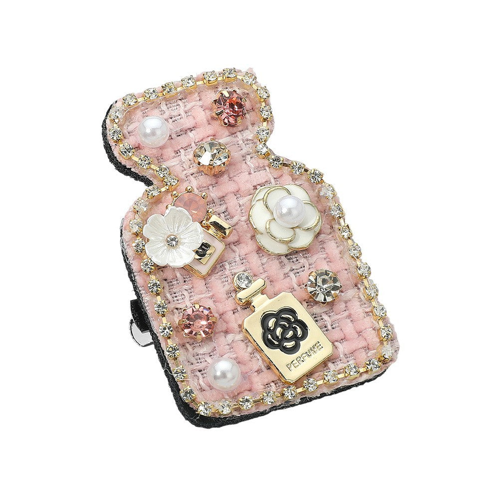 Pearl Flower Embellished Tweed Perfume Bottle Pin Brooch Hair Clip for Women