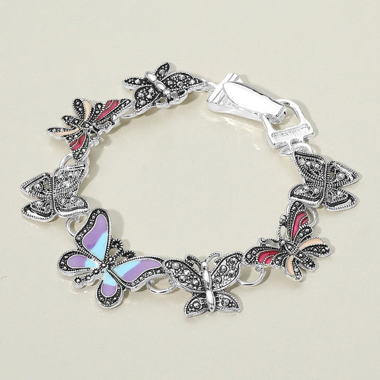 Vintage Silver Tone Colorful Enamel Marcasite Butterfly Fashion Link Bracelet