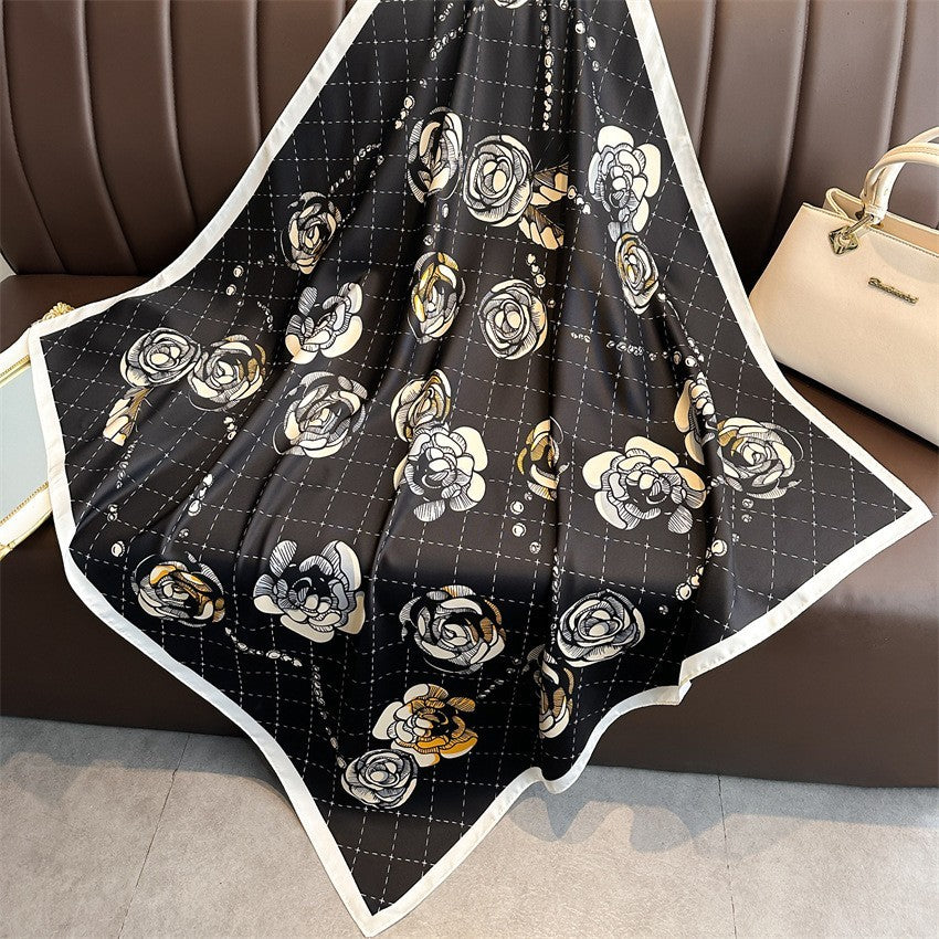 Black & White Rose Chain Print Silk Feel Square Scarf Neckerchief