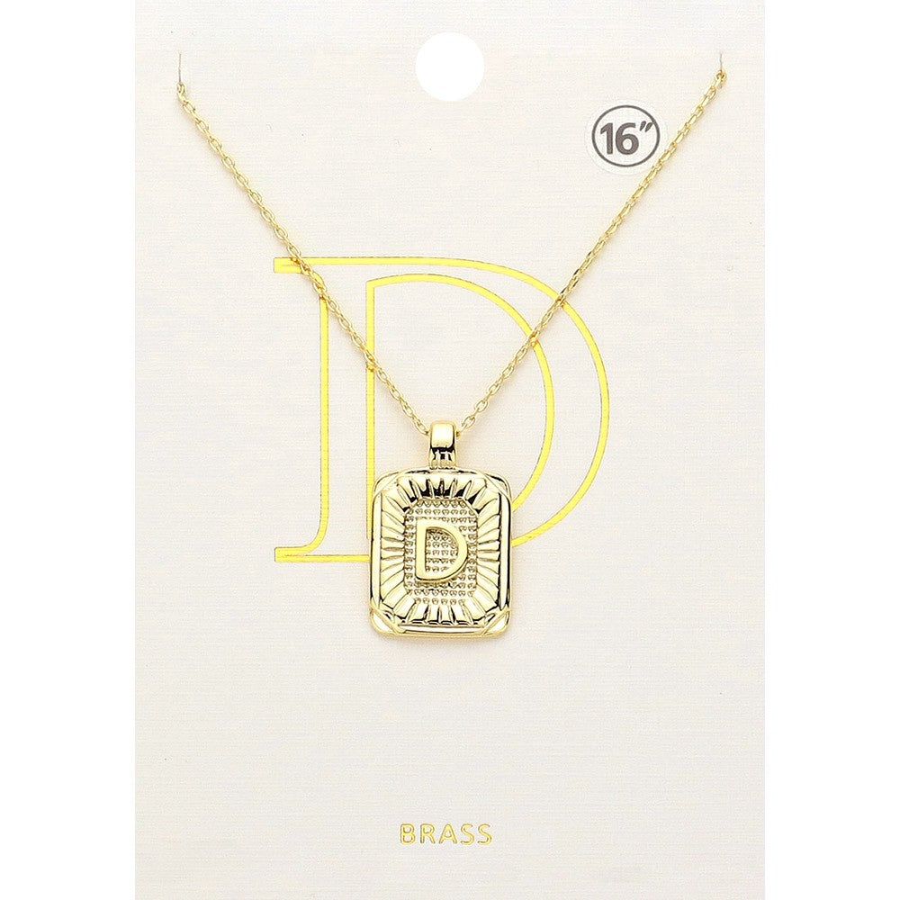 Gold Initial "D" Rectangular Sunburst Pendant Necklace - Brass Fashion Jewelry