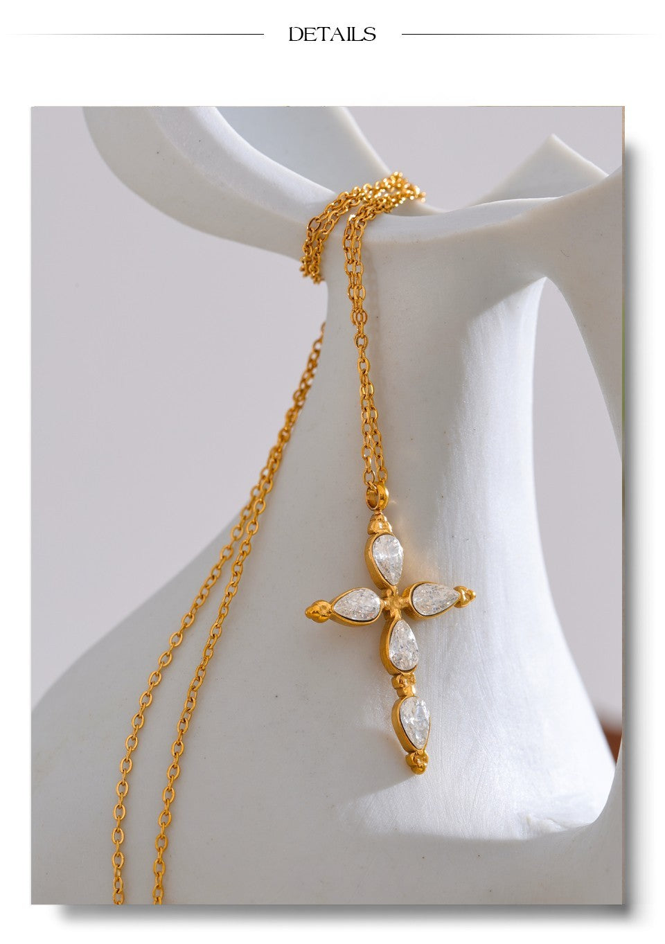 Gold Cross CZ Pendant Necklace | Stainless Steel Real Gold Plated Chain