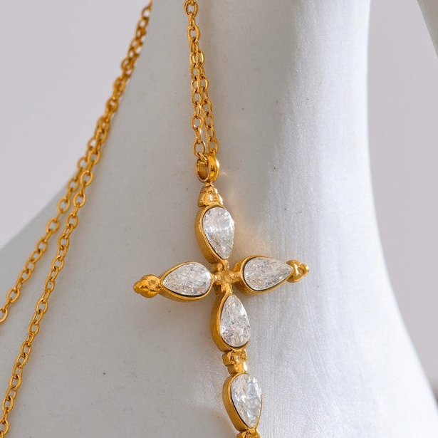 Gold Cross CZ Pendant Necklace | Stainless Steel Real Gold Plated Chain