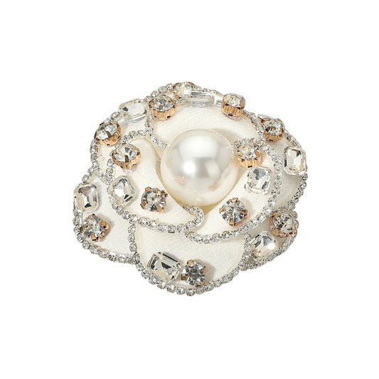 Elegant White Camellia Flower Brooch Pin with Large Pearl and Crystal Accents