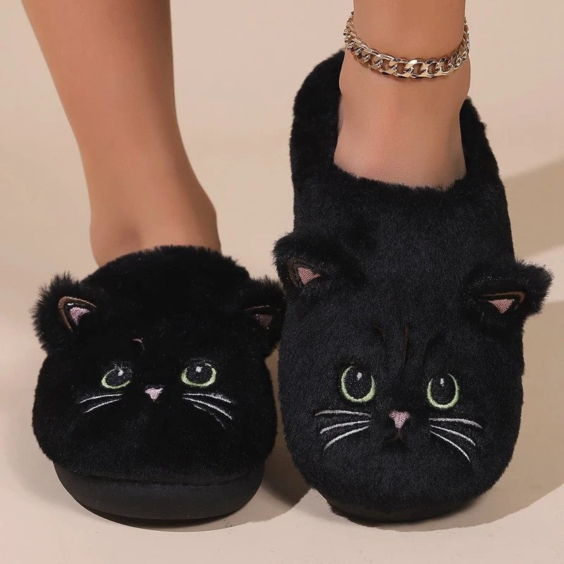 Black Cat Fuzzy Slippers US 7.5-8.5 Warm Indoor House Shoe Anti-Slip Sole
