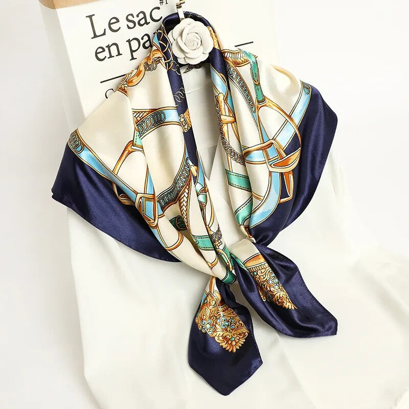 Luxury Printed Satin Square Silk Scarf for Women 35 Inch Hair Wrap Shawl Navy