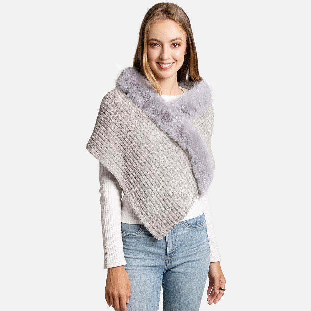 Gray Knit Shawl Wrap Faux Fur Trim Cable Sweater Capelet One Size