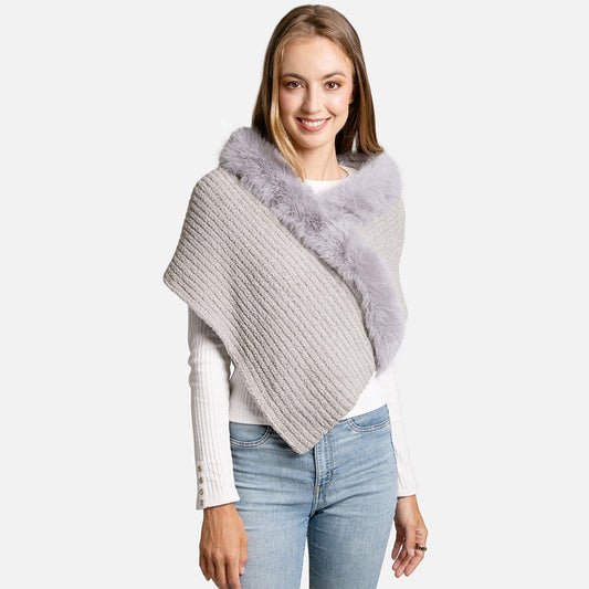 Gray Knit Shawl Wrap Faux Fur Trim Cable Sweater Capelet One Size