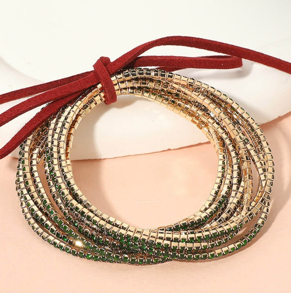 12pcs Gold Tone Green Rhinestone Multi-Strand Cord Wrap Statement Bangle