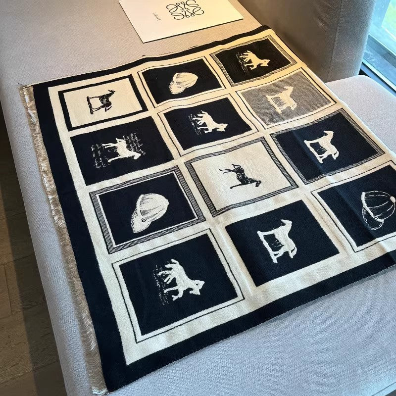 Black & Cream Equestrian Horse Print Woven Blanket Scarf Shawl Wrap Stole