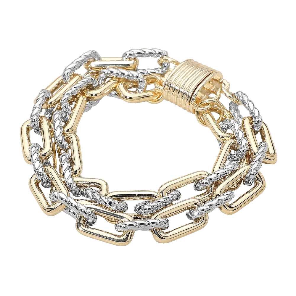 Two-Tone Mixed Metal Chunky Triple Row Link Bracelet with Magnetic Clasp