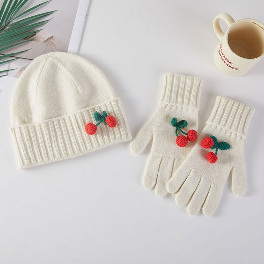 Womens OS Cozy Cherry Accent Winter Beanie Hat and Gloves Set 100% Acrylic Ivory