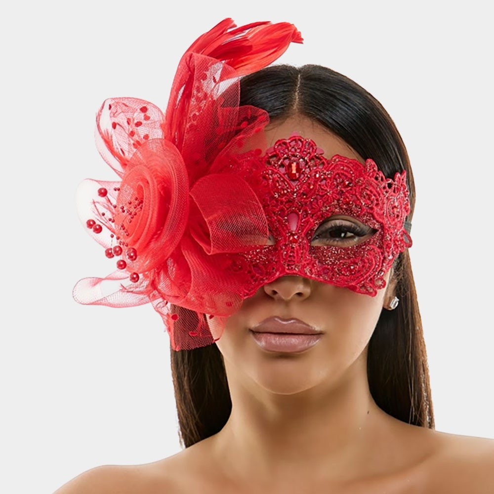 Stunning Red Lace Masquerade Mask - Feather & Beaded Venetian Style Eye Accessor