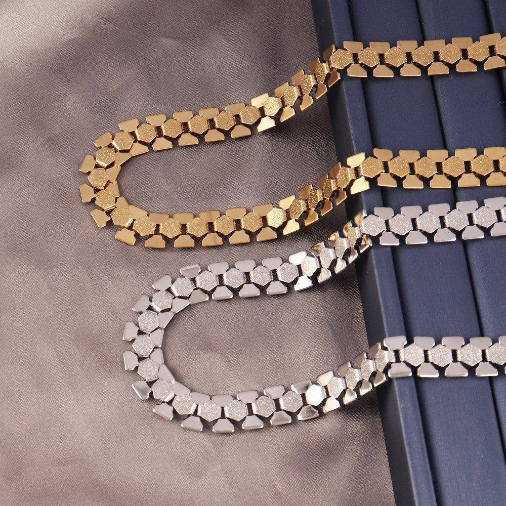 2pcs Gold Silver Tone Segmented Modernist Link Choker Necklace Set