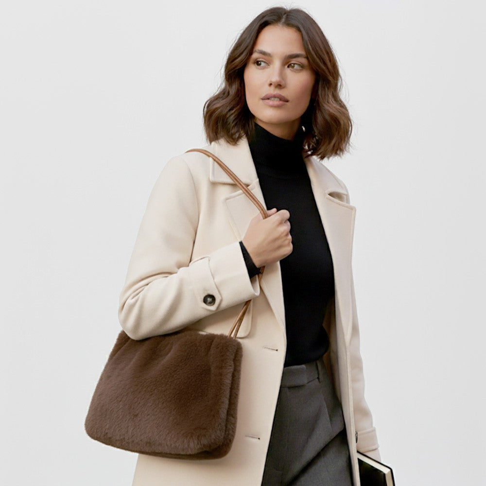 Brown Faux Fur Shoulder Bag with Tan Straps Winter Handbag Magnetic Closure