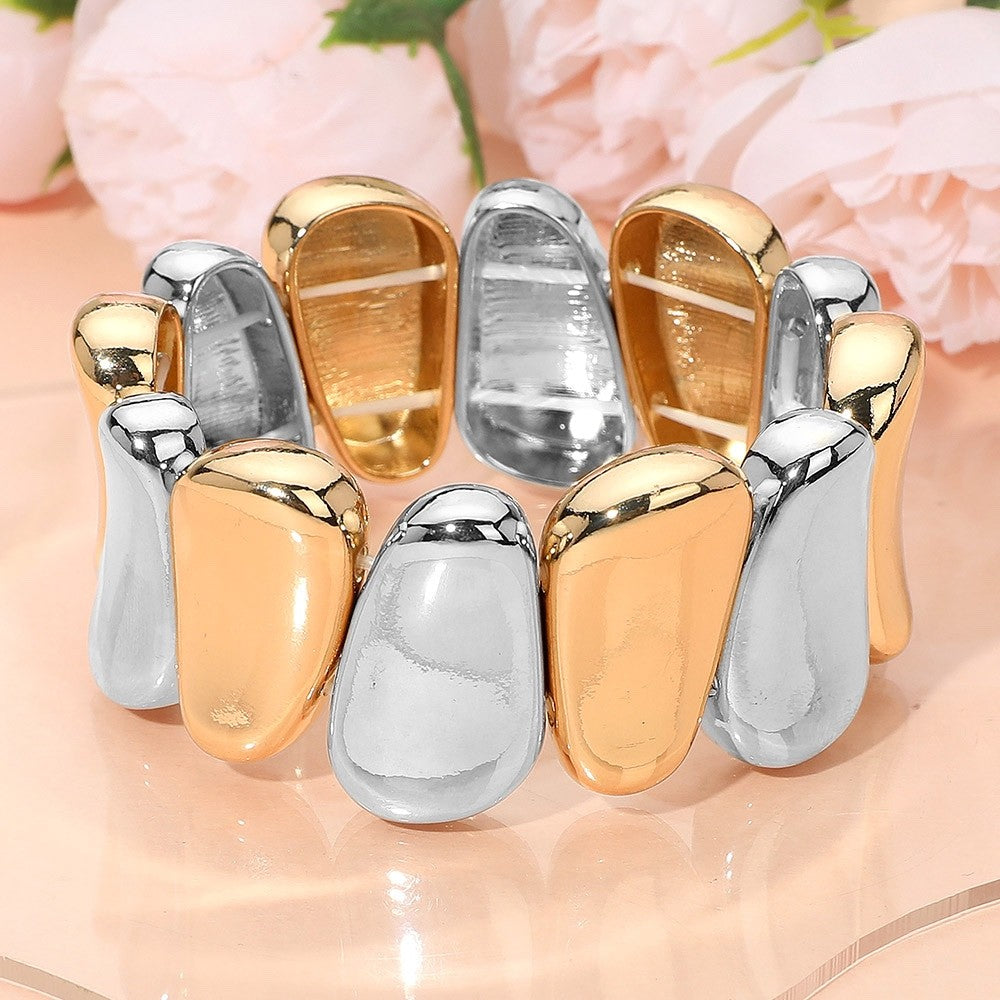 Two-Tone Gold Silver Teardrop Stretch Bracelet Bold Chunky Fashion Jewelry 1" H