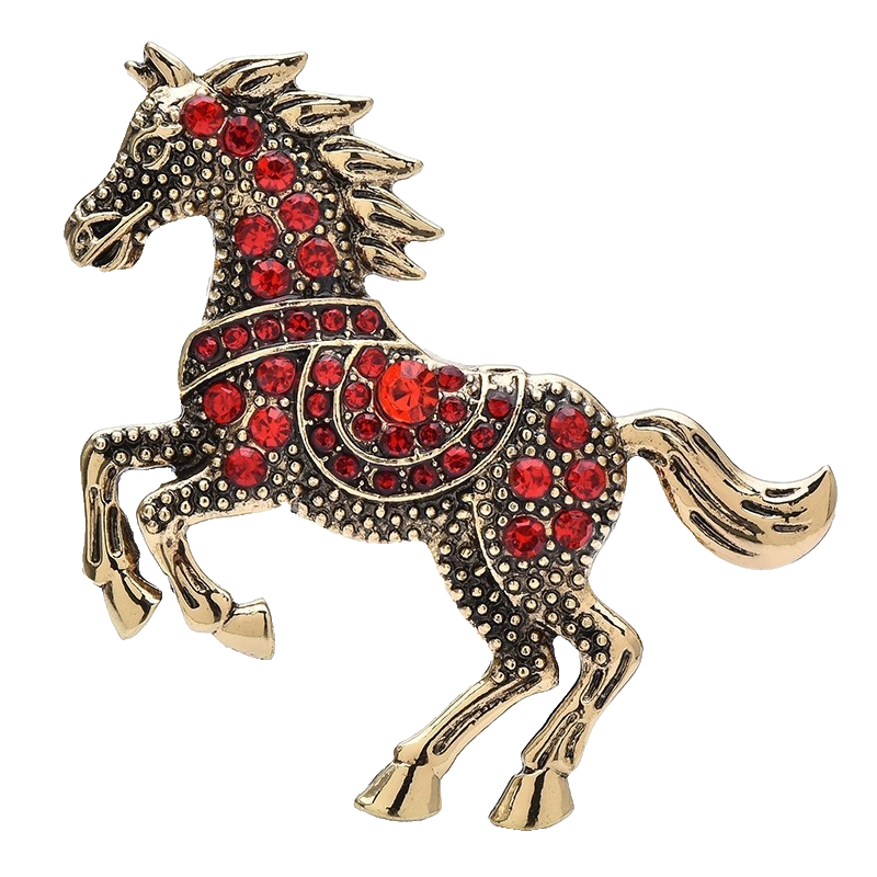 Vintage Red Crystal Horse Brooch Pin Antique Gold Tone Rhinestone Animal Jewelry