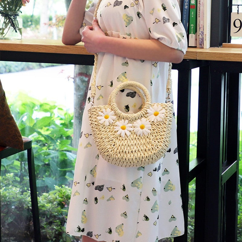 Hand-Woven Straw Daisy Bag for Women| Boho Moon-Shaped Summer Crossbody Purse