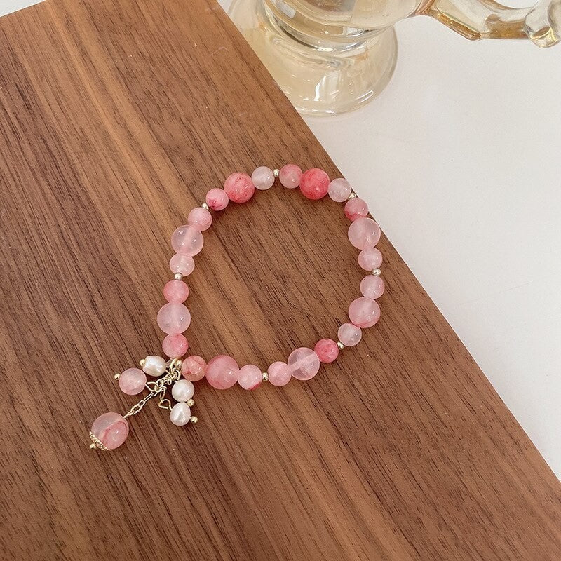 2PCS Handmade Pink Stone Beaded Bracelets with Pearl Charms for Women Gift