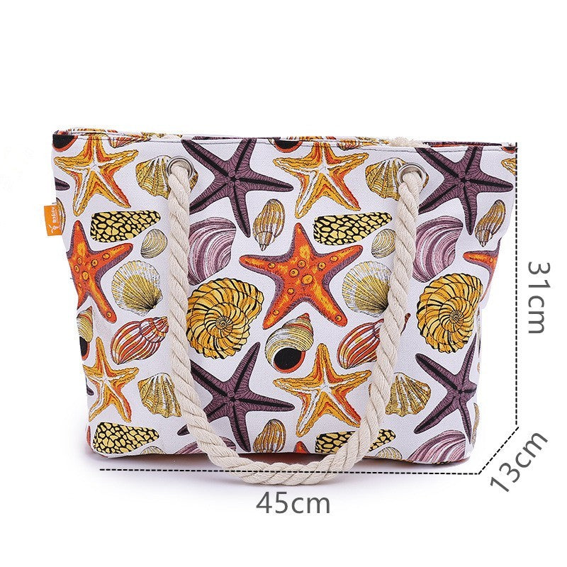 Canvas Starfish Print Tote Bag for Women Large Capacity Ocean Style Shoulder Bag