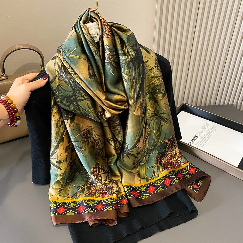 Extra Large Silk Feel Scarf Shawl Chinese Bamboo Floral Print 71 x 35 inches