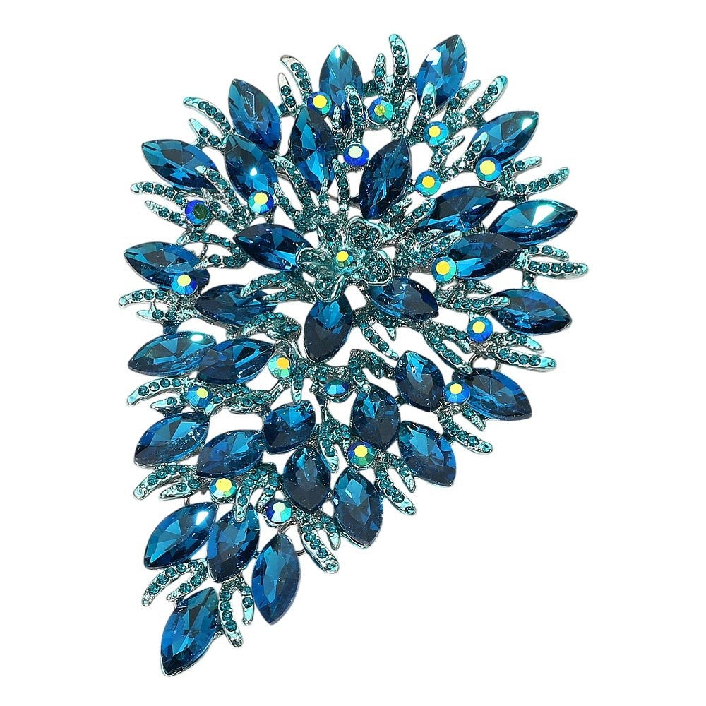 Large Teal Blue Crystal Rhinestone Statement Brooch Teardrop Floral Cluster Pin