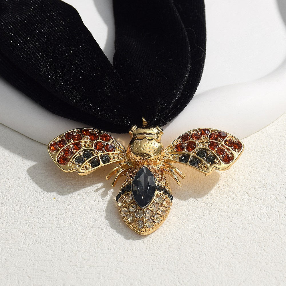 Statement Black Velvet Choker Necklace Bumble Bee Pendant Gold Rhinestone Scarf