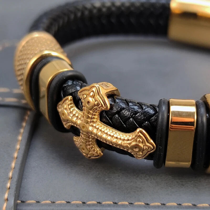 Fashion Gold-Plated Cross Leather Bracelet Unisex 7.2 inches Mens Wrap Bracelets