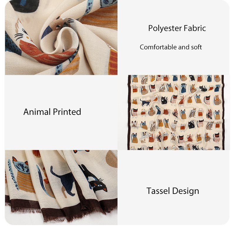 Cat Print Fringed Shawl Scarf Women Cotton Viscose Lightweight Wrap 71"x33" inch