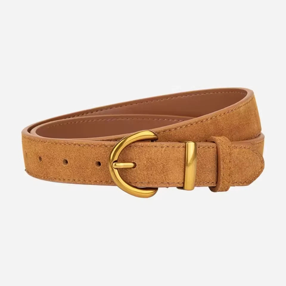 2pcs Women Suede Leather Belt Gold Horseshoe Buckle Set Black Brown 41in