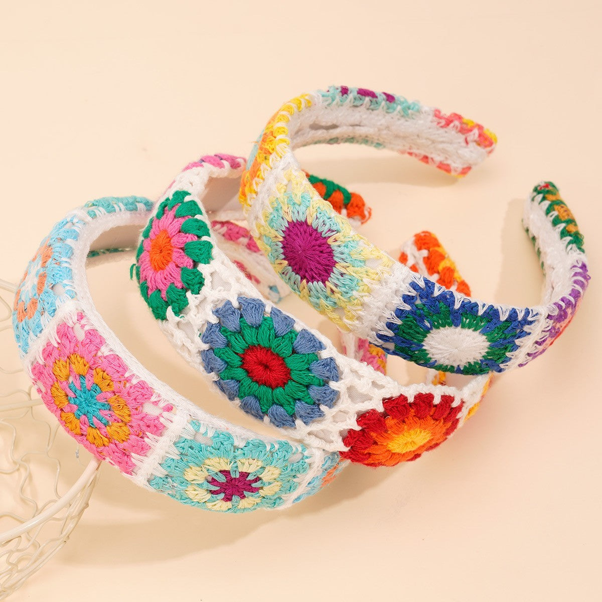 3pc Boho Crochet Granny Square Headband Set Retro Summer Hair Accessories
