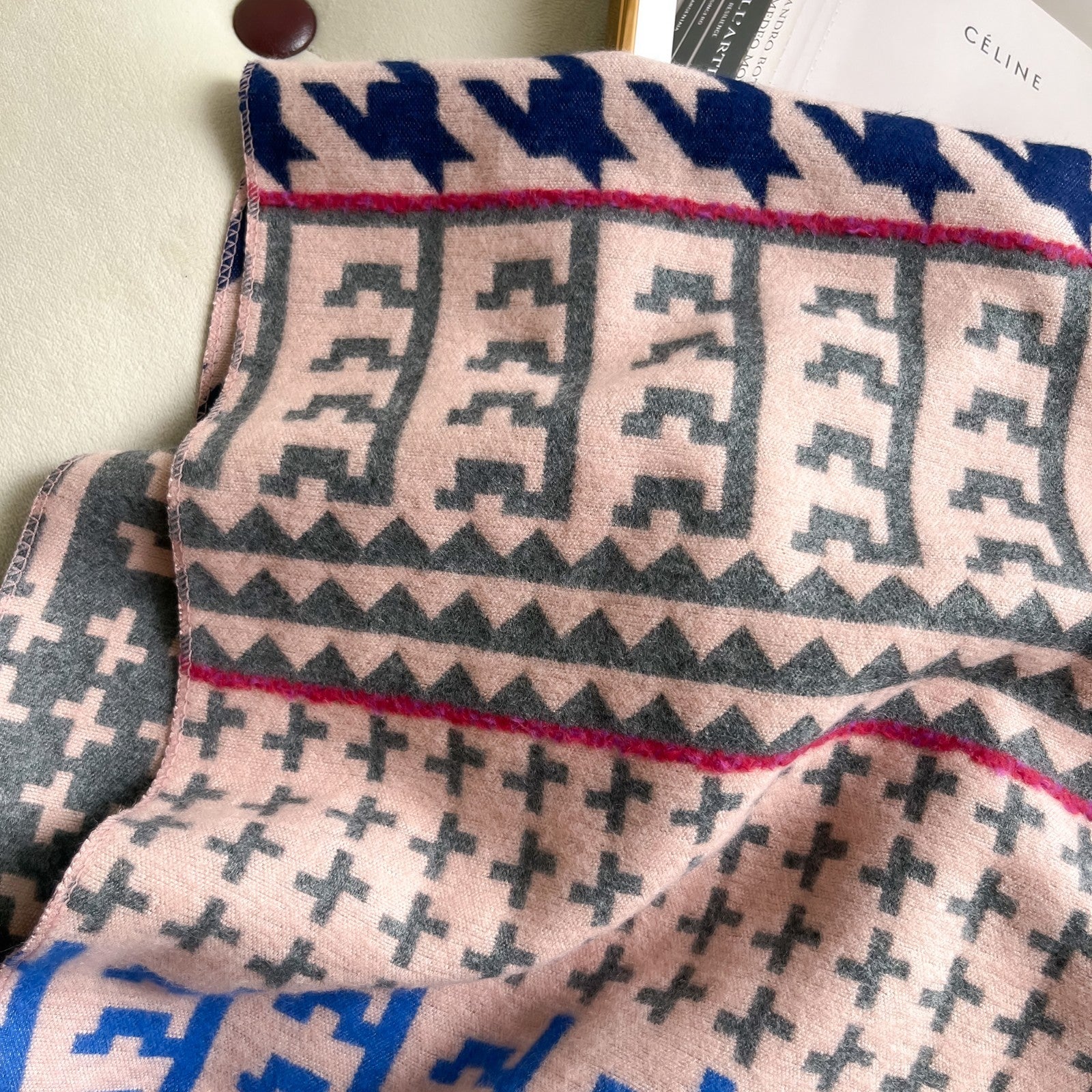 Cashmere Feel Houndstooth Geo Print Scarf Shawl Pink Blue Gray Winter Wrap