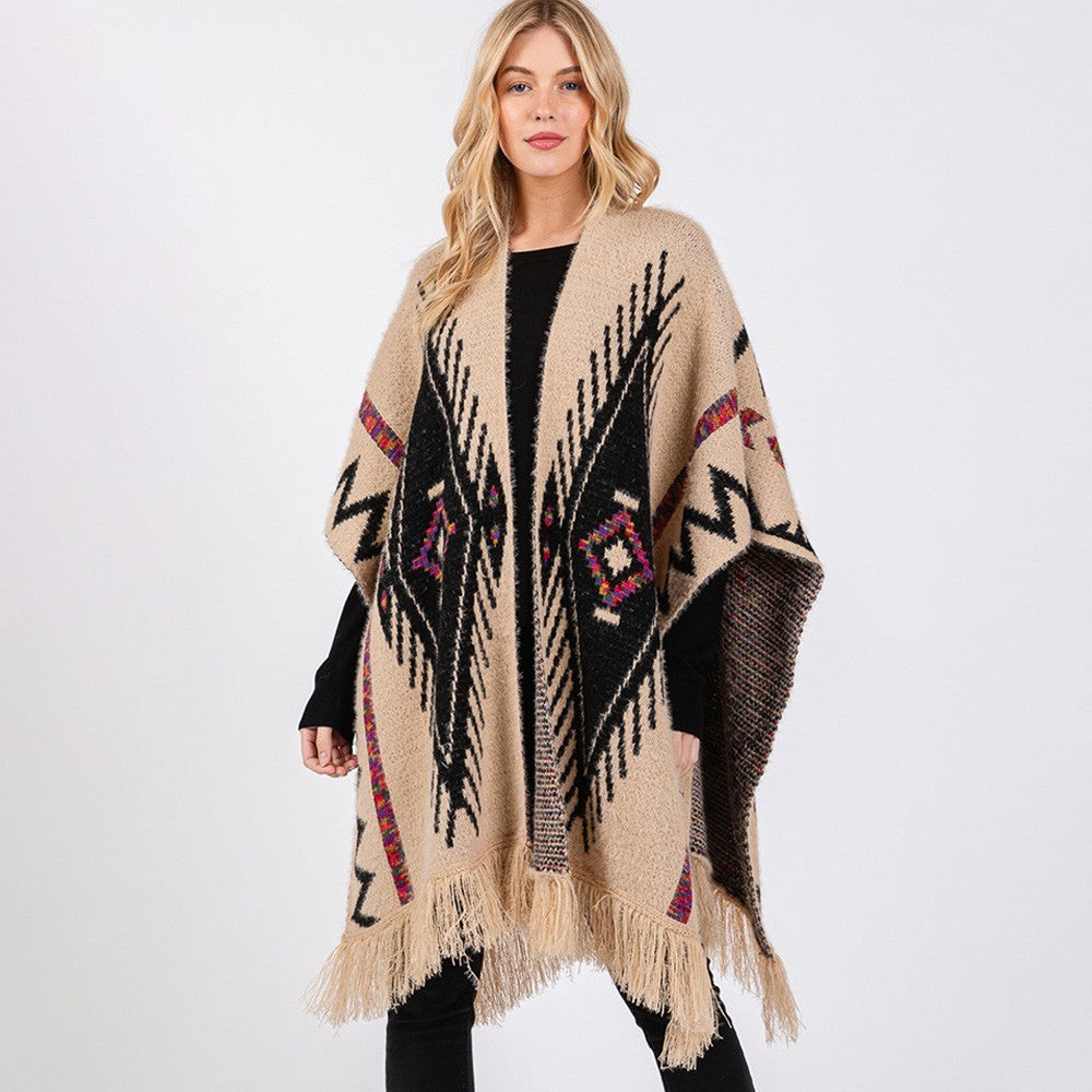 Fuzzy Aztec Pattern Tassel Knit Ruana Poncho Shawl Cape Wrap for Women