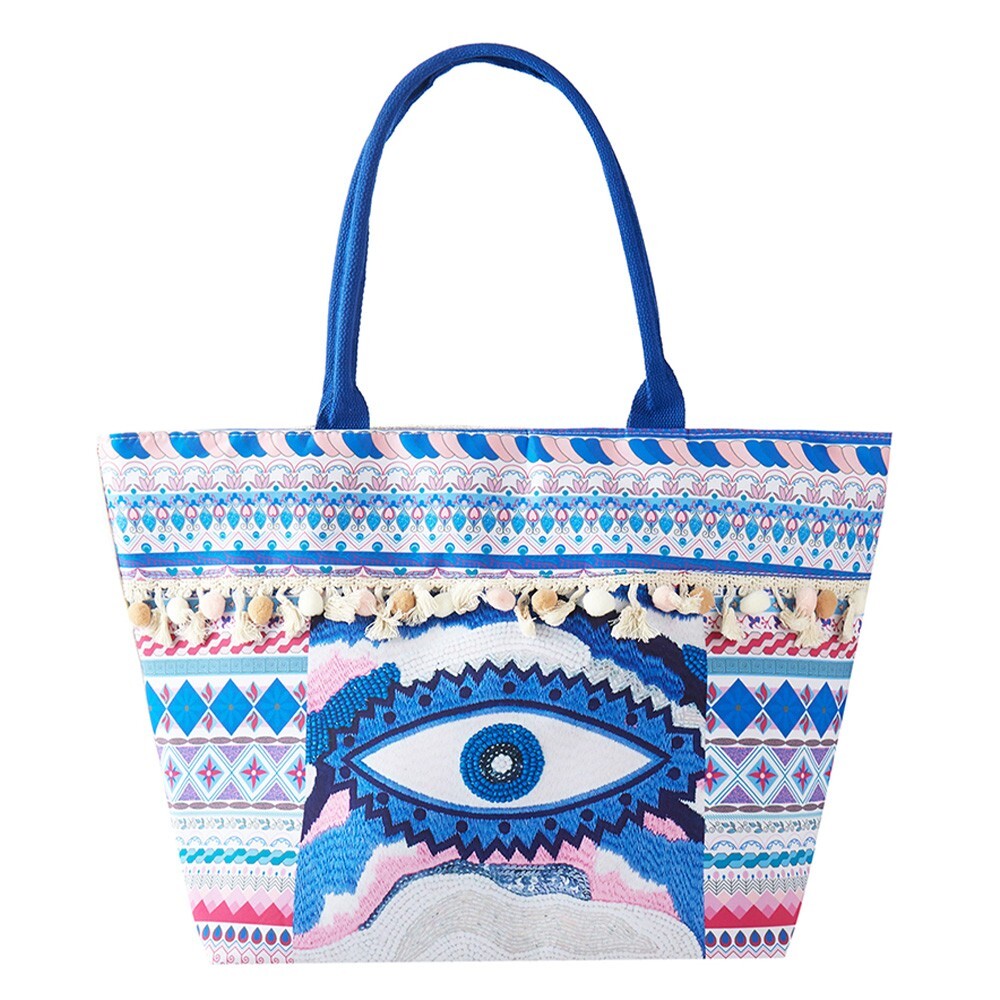 Evil Eye Boho Print Pom Pom Fringe Tote Bag Colorful Shoulder Bag for Women