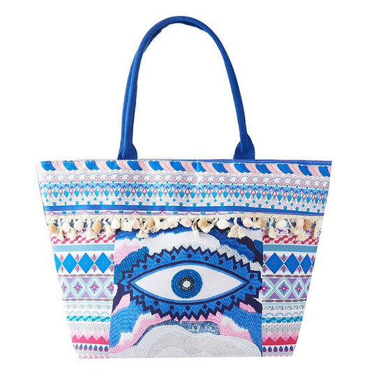 Evil Eye Boho Print Pom Pom Fringe Tote Bag Colorful Shoulder Bag for Women