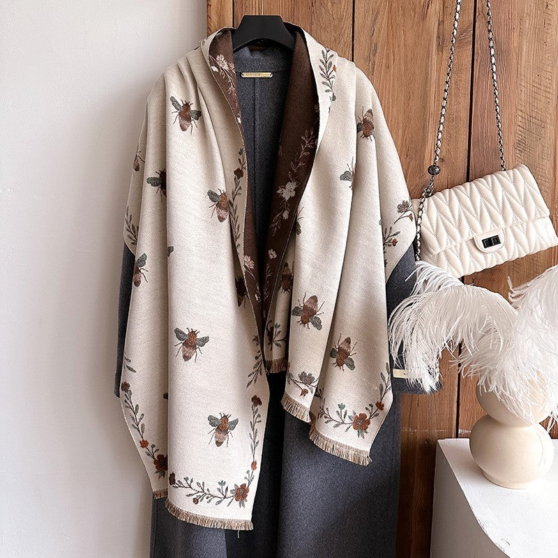 Warm Reversible Bee Floral Scarf Shawl Wrap Beige Brown Polyester Cashmere Feel