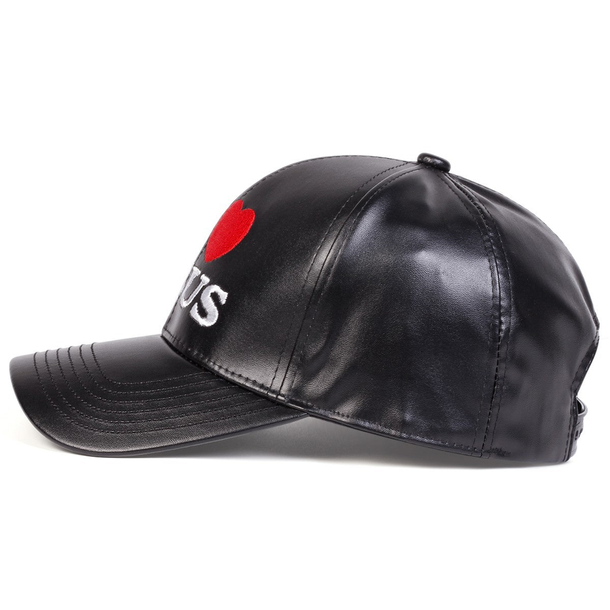 I Love Jesus Black Faux Leather Baseball Cap Christian Embroidered Hats