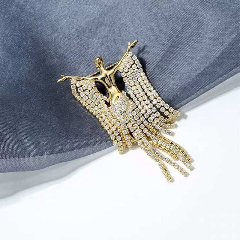Gold Tone Rhinestone Tassel Dancer Brooch Pin Angel Figure Statement Jewelry