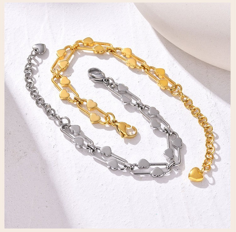 2-Piece Set: Heart Bracelet Double Layered Gold & Silver Tone Adjustable