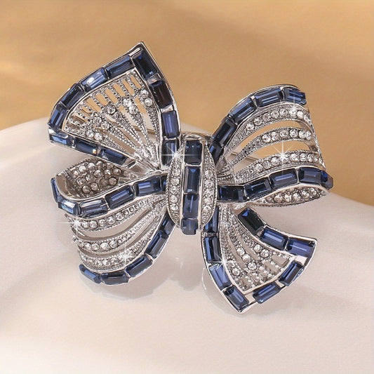 2pcs Sparkling Rhinestone Bow Brooch Pin Set Blue Pink Silver Tone Fashion
