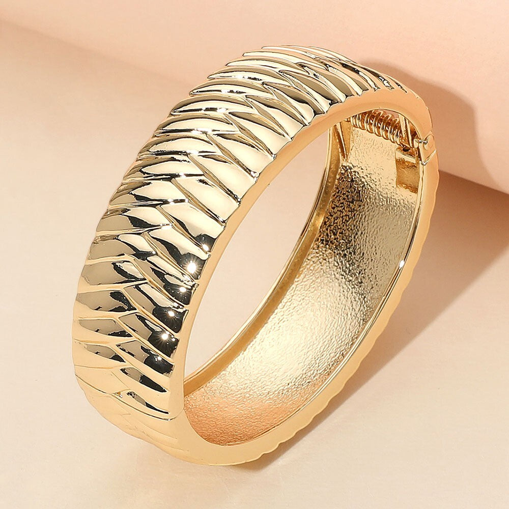 Textured Metal Hinged Bangle Bracelet Gold Tone Jewelry for Women Classic Everyd