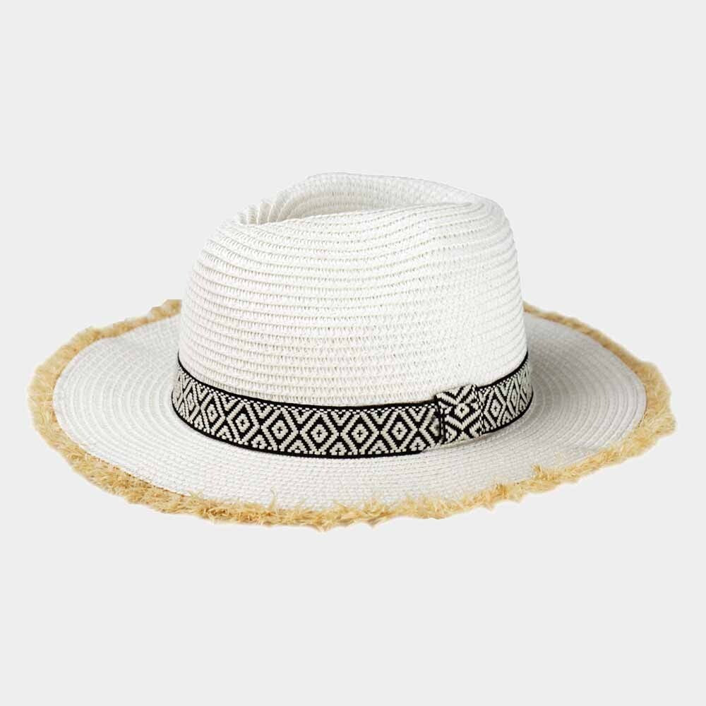 Frayed Trim Aztec Straw Hat for Women Summer Boho Style Beach Sun Hat White