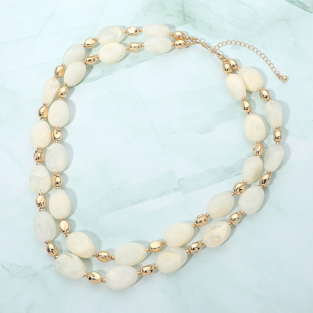 Chunky Resin Oval Marbled Pebble Beaded Layered Necklace for Women White Gold