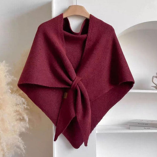 Burgundy Knit Poncho Cape Shawl Wrap Fringe One Size Winter Fall Cozy Warm