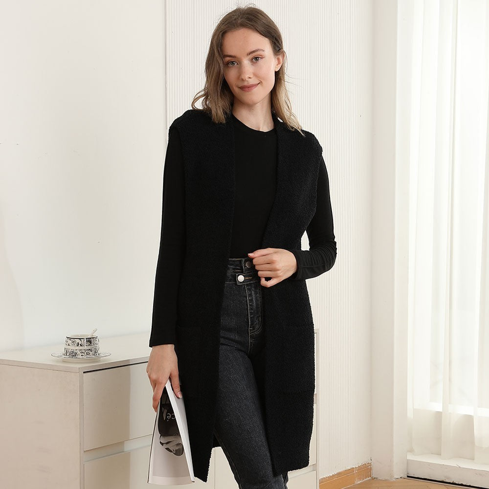 Women's Solid Color Open Front Long Sleeveless Vest Cozy Textured Relaxed Black