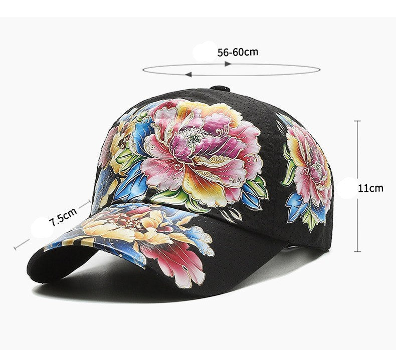 Vibrant Floral Peony Baseball Cap Black Perforated Mesh Breathable Adjustable