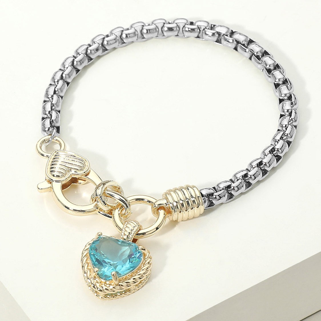 Two Tone Blue CZ Stone Heart Charm Round Box Chain Bracelet with Lobster Clasp