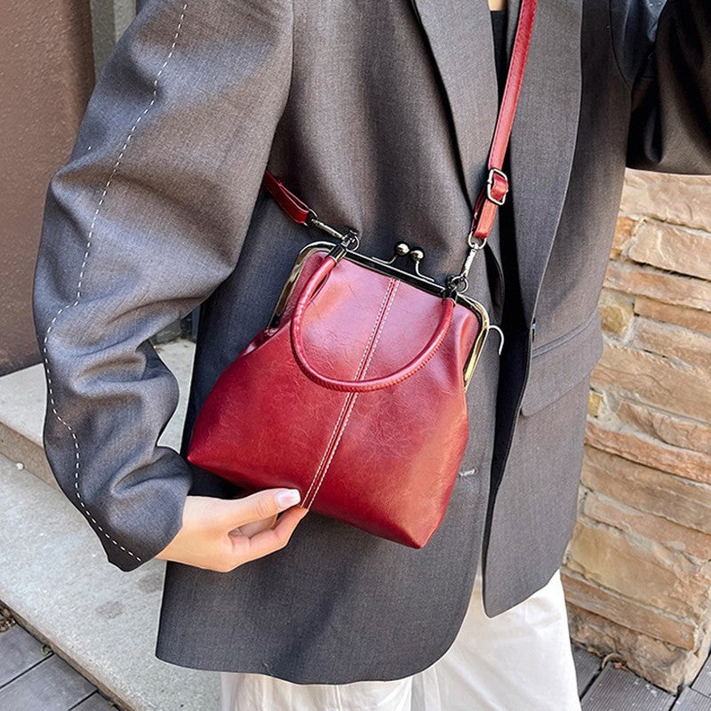 Vintage Black Kiss Lock Frame Bag Shoulder Crossbody Handbag Purse Retro Clutch