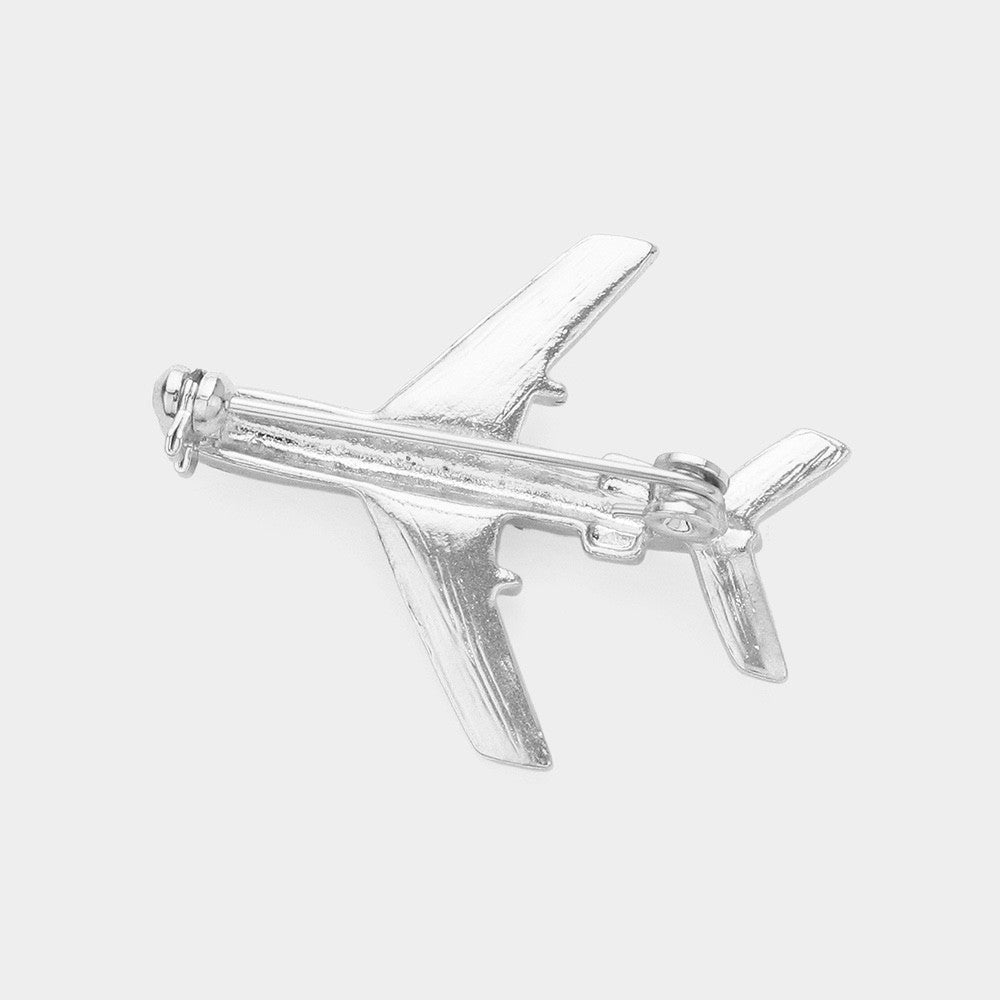 Silver Airplane Brooch Crystal Rhinestone Pilot Jet Plane Travel Jewelry Pin