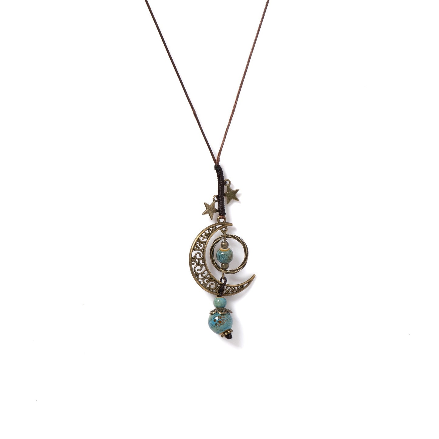 2PC Set: Boho Moon Star Ceramic Bead Long Necklace Adjustable Red & Blue Bronze